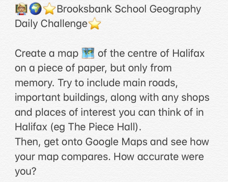 bbsgeography's tweet image. 👨🏽‍🏫🌍⭐️TODAY’S GEOGRAPHY CHALLENGE⭐️ Today we would like you to draw a map of Halifax, but from your memory! Check out the image below for more 😀 Drop your maps below&amp;amp;please #RT! 🙋🏽‍♀️🙋🏻‍♂️ #UK #BBSMapWeek #Mapping #English #Maps #School #Geography #HomeSchoolUK #HomeSchool