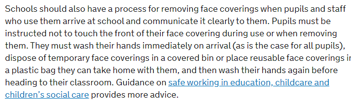 There's even guidance in this report for taking masks off once arrived at school. So they're clearly expecting kids to arrive wearing masks and then to remove them once at school. 