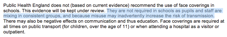 This is, of course, utter nonsense. https://www.gov.uk/government/publications/actions-for-schools-during-the-coronavirus-outbreak/guidance-for-full-opening-schools