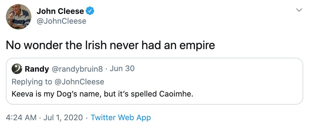 runcertain's tweet photo. This is the John Cleese tweet that has seemingly caused the country to go into meltdown since yesterday. I have to say I couldn't be less bothered by his words; not nearly as bothered as I am by firmly believing the dog's name should be pronounced kwee-va and not keeva. https://t.co/DB46VIFwrg