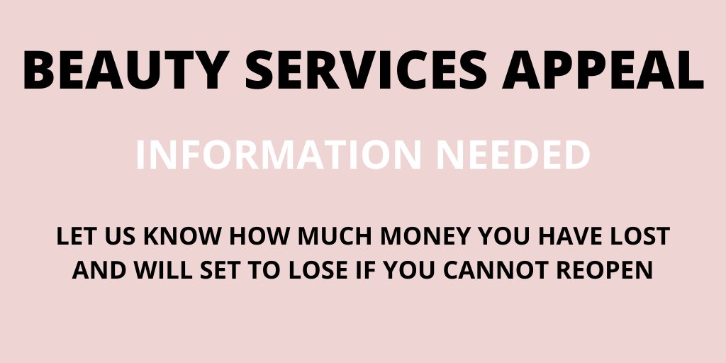 🚨🚨BEAUTY SERVICES APPEAL🚨🚨

Let us know how much money you have lost &amp; will set to lose  if you cannot reopen. Please reply to this thread.  

#TheValueofBeauty

<a href="/AlokSharma_RDG/">Rt Hon Lord Alok Sharma</a> <a href="/RishiSunak/">Rishi Sunak</a> <a href="/BorisJohnson/">Boris Johnson</a>