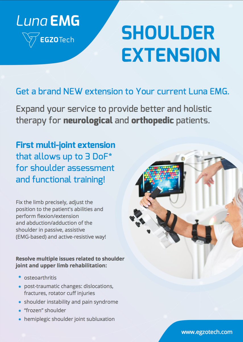 We are excited to announce the new Shoulder Extension official release as add-on to Luna EMG robotic system. It is the first multi-joint extension that allows up to 3 Degrees of Freedom for shoulder assessment and functional training!
#LunaEMG #Shoulder #Rehabilitation