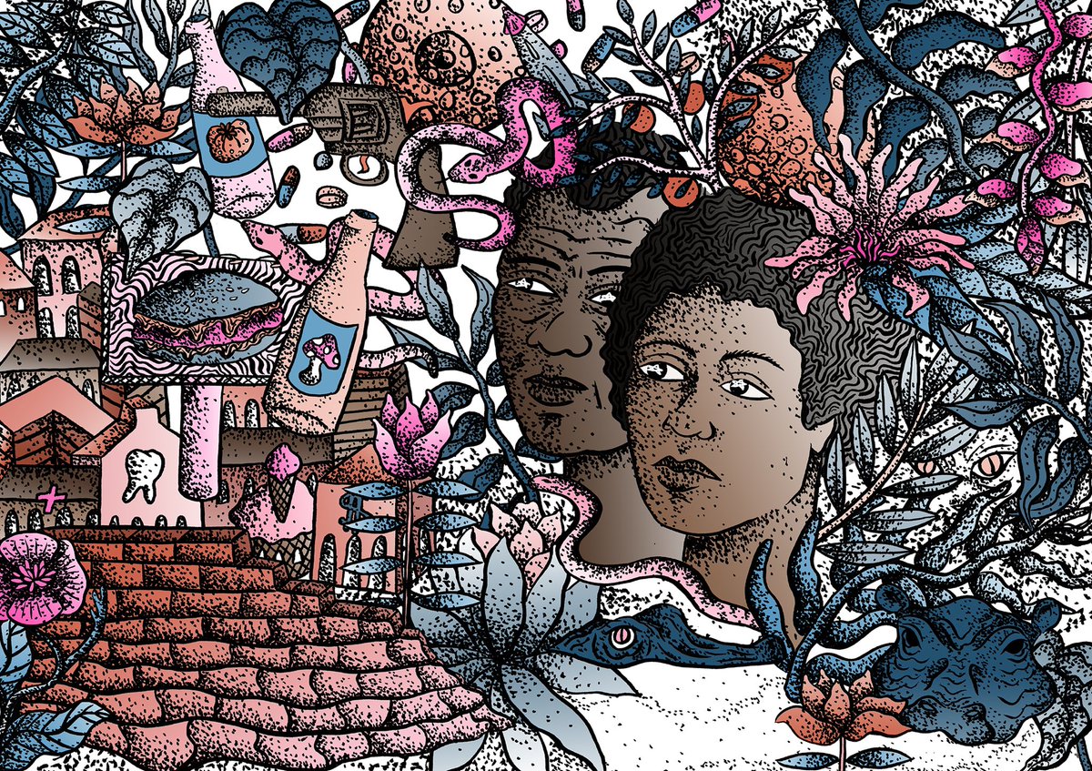 ambitmagazine's tweet photo. To celebrate #Ambit35, we commissioned illustrator #JulianaFutter to respond to the issue. Fancy a read of the issue which inspired this fantastic drawing? Buy Ambit 35 - on sale for £20 (normally £40) for July only. https://t.co/XOuAjwTEZB https://t.co/nxJHV6utTW