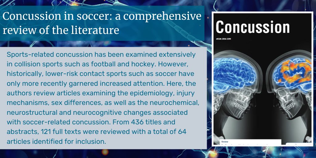 In this paper, the authors review articles examining the #epidemiology, injury mechanisms, sex differences, as well as the neurochemical, neurostructural and #neurocognitive changes associated with soccer-related #concussion. futuremedicine.com/doi/10.2217/cn…