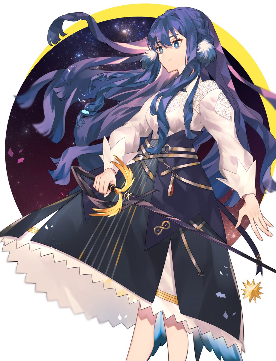 1girl solo weapon sword blue eyes long hair skirt  illustration images