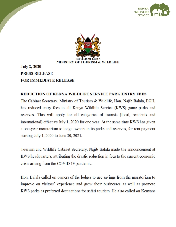 KWSKenya's tweet photo. The Cabinet Secretary @Min_TourismKE @tunajibu has reduced the park entry fees to all Kenya Wildlife Service Parks and Reserves for all categories of tourists (Citizens, Residents, and Non-residents) effective July 1,2020 for one year. #DiscoverKWSParks https://t.co/x0unTHiFLW