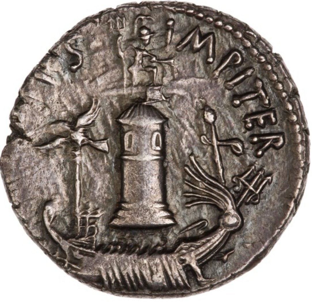 Ancient Coin of the Day: An absolute bloody stunner!A silver denarius of Sextus Pompey from his mint on Sicily, ca. 42-40 BC. The Obverse design highlights the Pharos of Messana, while the Reverse is dominated by a Scylla wielding a rudder.  #ACOTD  #Roman Image: RRC 511/4a