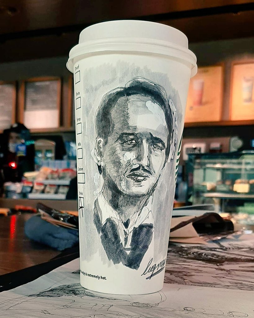 Starbucks cup with sketch of Datuk Dr Noor Hisham