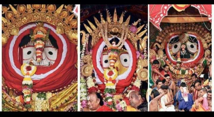  #SunaBesha, is a special ritual of Ratha Yatra. It is also known as Rajadhiraja or Rajarajeshwara Besha. In this ritual, Lord Jagannath is embellished with gold ornaments along with Lord Balabhadra and Devi Subhadra.