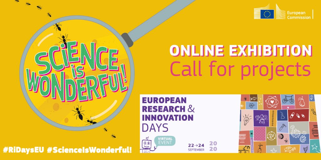 The #ScienceIsWonderful online exhibition at the #RiDaysEU will showcase how R&amp;I projects contribute to the main challenges our societies are facing: Europe’s #recovery, fighting #coronavirus, #EUGreenDeal, #DigitalEU and more. 

Apply before 6 July 👉europa.eu/!JQ68GW