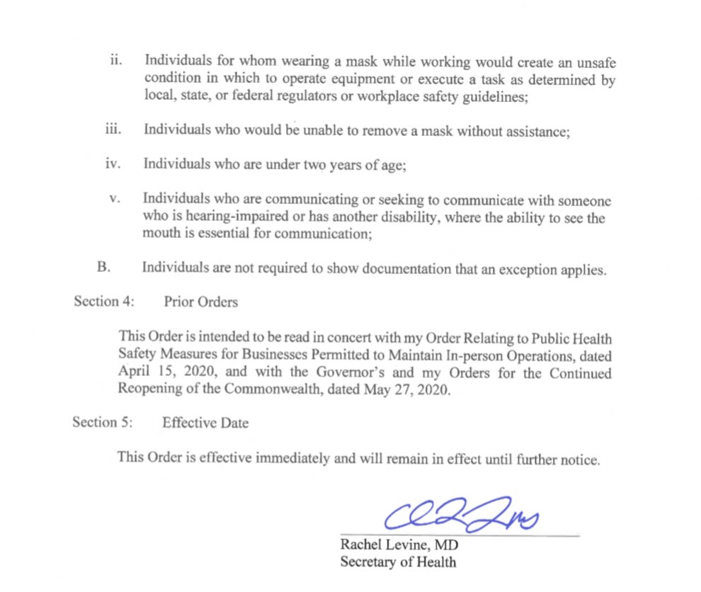 4/ to include individuals who are unable to wear masks because of a mental health condition. It’s also important to note that Levine’s order specifically provides that: “Individuals are not required to show documentation that an exception applies.”So, here’s how PA’s mask...
