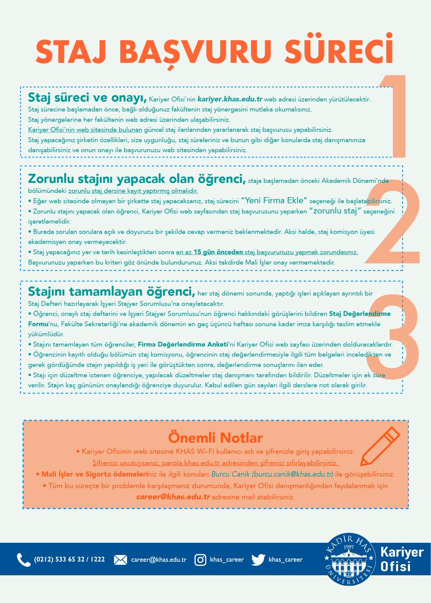 Değerli Öğrencilerimiz,
 
Yaz dönemi itibari ile staj başvuruları ve süreçleri ile ilgili birçok soru işaretini gidermek adına bir görsel hazırladık.
Sizlere yardımcı olmasını umarak, sağlıklı günler dileriz.