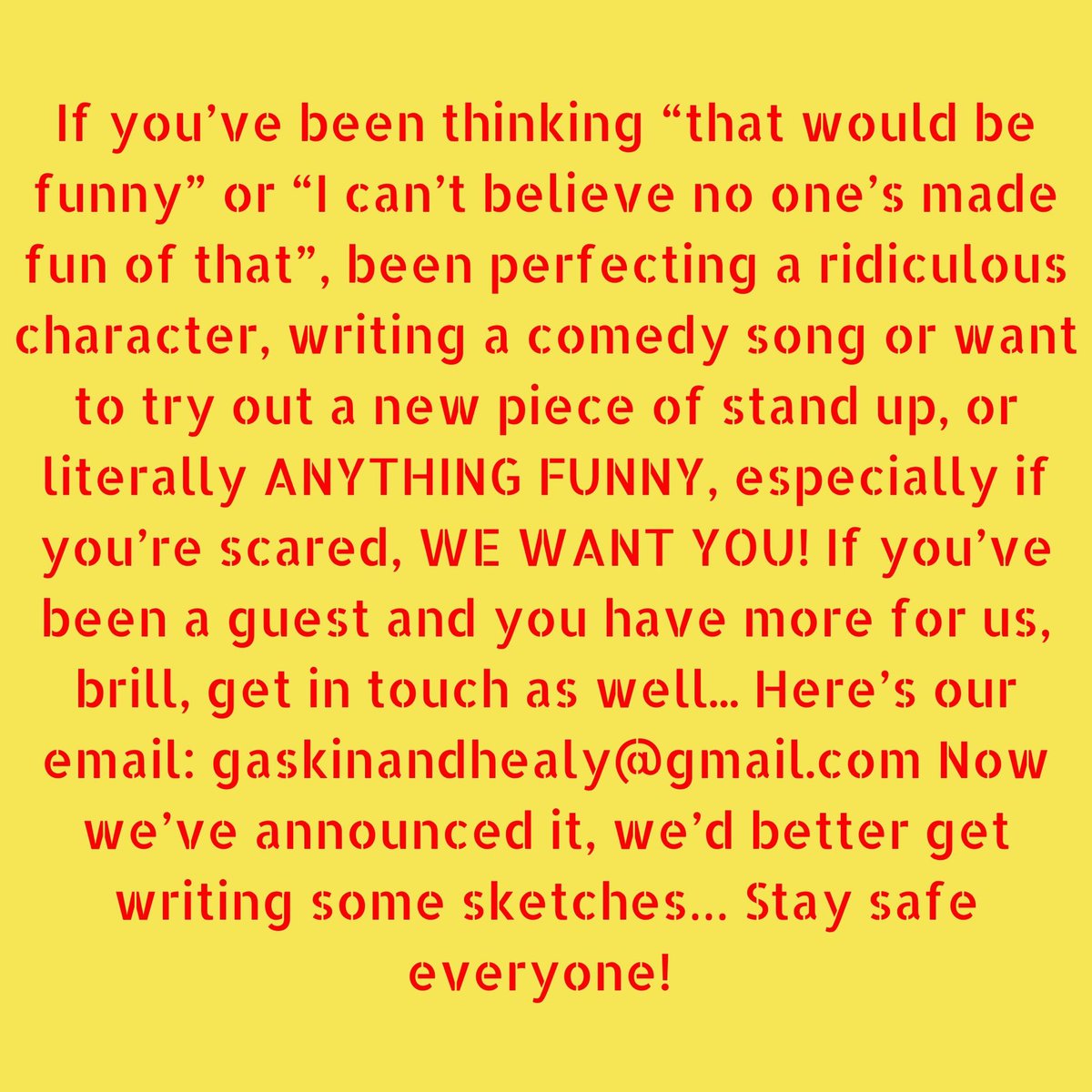 Here we are again! A HUGE thank you to all of our June “Safe Place in Lockdown” guests! Our next one goes live on 20th July, and we’re looking for more funny guests… Now we’ve announced it, we’d better get writing some sketches! ❤️💛 #comedy #newmaterial #funny