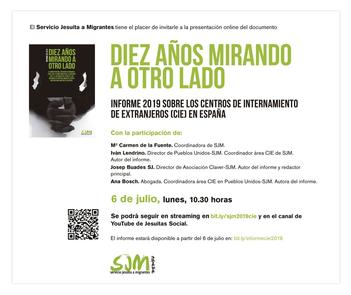 Entreculturas's tweet photo. El próximo lunes @migrantes_sj presenta el informe CIE 2019: ‘Diez años mirando a otro lado’, un repaso a una década de derechos vulnerados en estos centros.
🗓️ Lunes 6 de julio.
⌚ 10:30 h
🔗 Streaming: https://t.co/RLyPp0BLim

#SJM2019CIE 
#DiezAñosInformeCIE https://t.co/hGffVkw0rl
