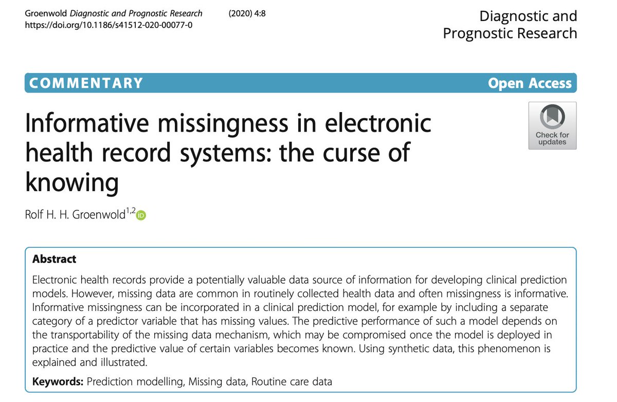 New commentary of interest to those working with routine healthcare data to develop prediction models. Time to rethink our missing data handling approaches?

diagnprognres.biomedcentral.com/articles/10.11…