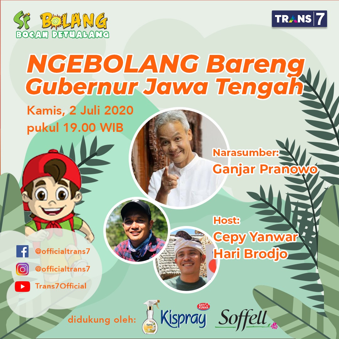 TRANS7's tweet photo. Waktu kecil Ganjar Pranowo suka ngebolang ngga sih? Siap-siap buat join obrolan serunya, live streaming “Ngebolang Bareng Gubernur Jawa Tengah” jam 7 malam ini. @Kispray_ID #kispray #antikuman https://t.co/IrIH4xwYpo