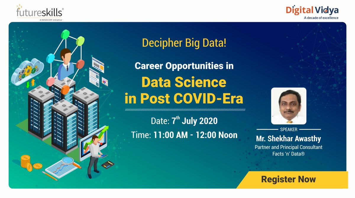 nasscomfs's tweet photo. Harvard Business Review calls Data Science as the hottest job of the 21st century. Learn it with #NASSCOMFutureSkills Masterclass ‘Career Opportunities in Data Science in Post COVID – era’ powered by @digitalvidya. Register for an insightful session now: https://t.co/JknGyibCtf https://t.co/eeLllgu5Sd