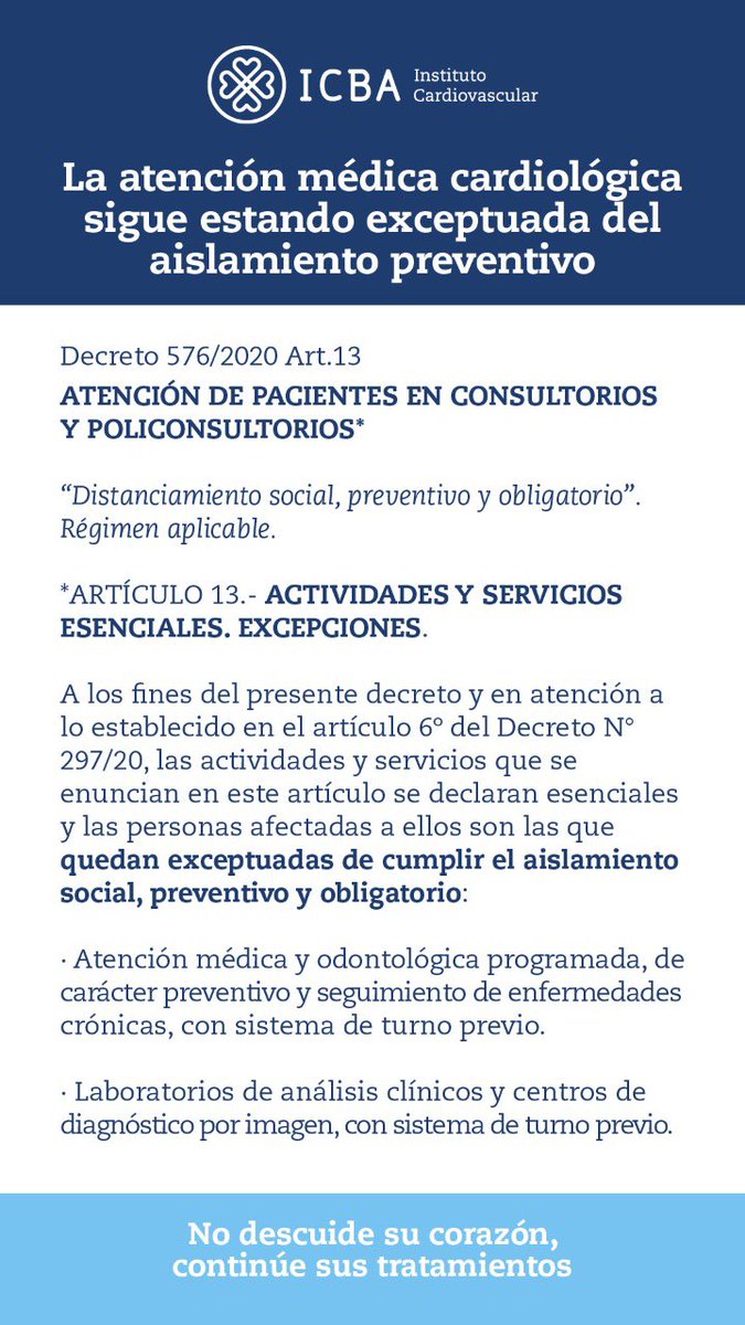 No abandones tus consultas y controles cardiovasculares. En esta nueva etapa del ASPE seguís tan exceptuado como antes para hacerlos. <a href="/ICBAonline/">ICBA Instituto Cardiovascular</a> <a href="/lucreciamburgos/">Lucrecia M. Burgos, MD</a> <a href="/ferbotto/">Fernando Botto, MD, MSc</a> <a href="/jpcostabel/">Juan Pablo Costabel MD 🇦🇷</a> <a href="/lamelaspablo/">Pablo Lamelas 🇦🇷🇨🇦</a>  #QuedateEnCasa #CuidarteEsCuidarnos #CuidemonosEntreTodos