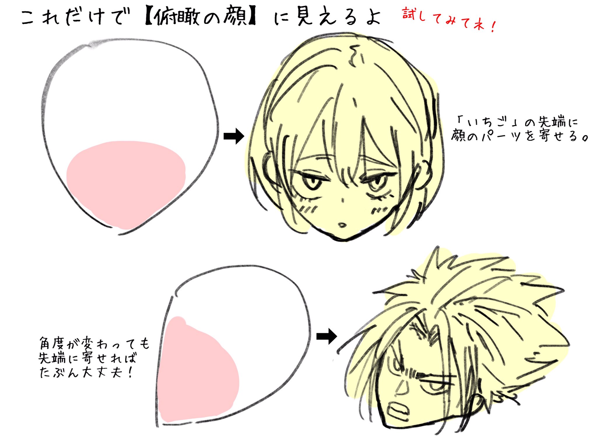96こげ イラスト講座 Hazemois 上目遣い ってことでいいですか 顔は下を向いている 目線は上を向いている 顔が下を向いているので 俯瞰 の描き方です キメ顔 と同じ要領なんですが 俯瞰 の顔は明日更新予定なので しばしお待ちを