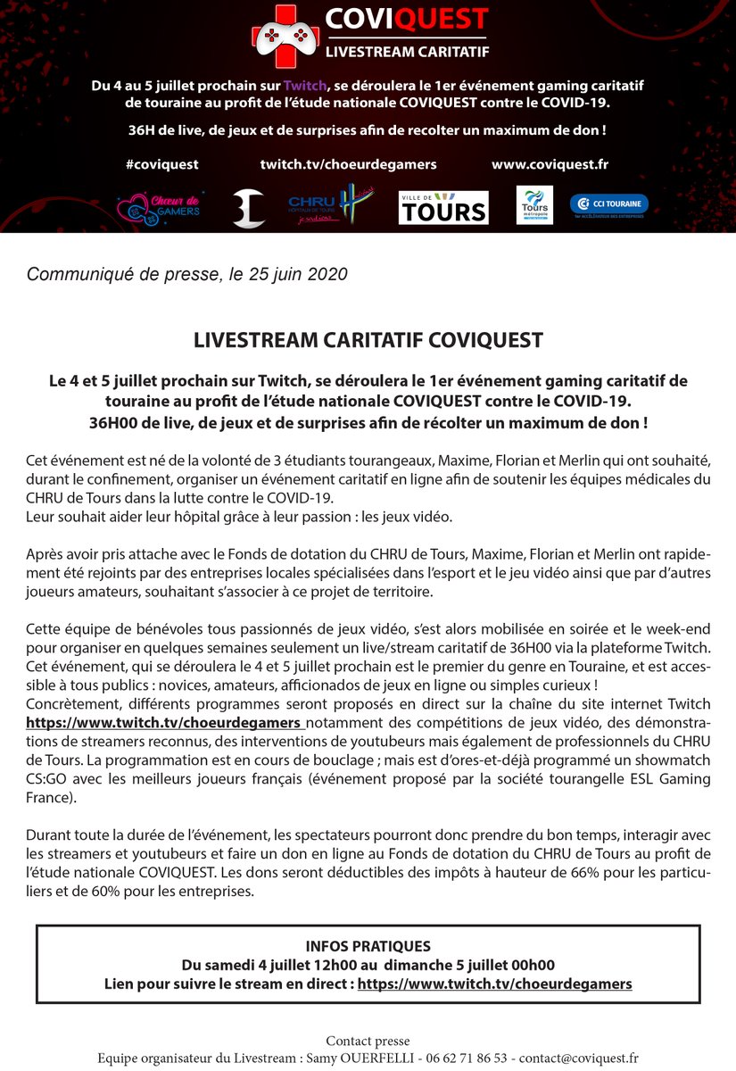 Ce week-end, retrouvez le 1er événement gaming caritatif au profit de l'étude #COVIQUEST pour la lutte contre la COVID-19 !

On se retrouve donc le 4 juillet sur la chaîne twitch.tv/choeurdegamers #Tours