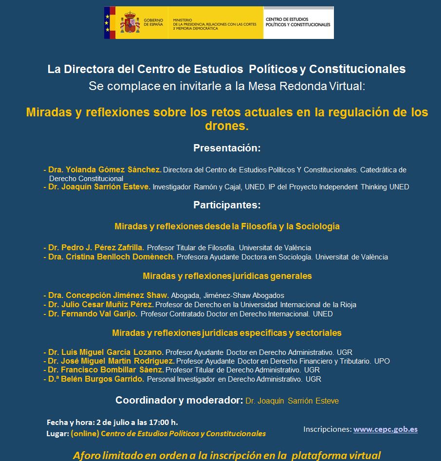 Tarde virtual sobre #drones #derecho #dronelawchallenges @cepcgob Miradas y reflexiones sobre los retos actuales en la regulación de los drones, a las 17 horas
acortar.link/7sd2b