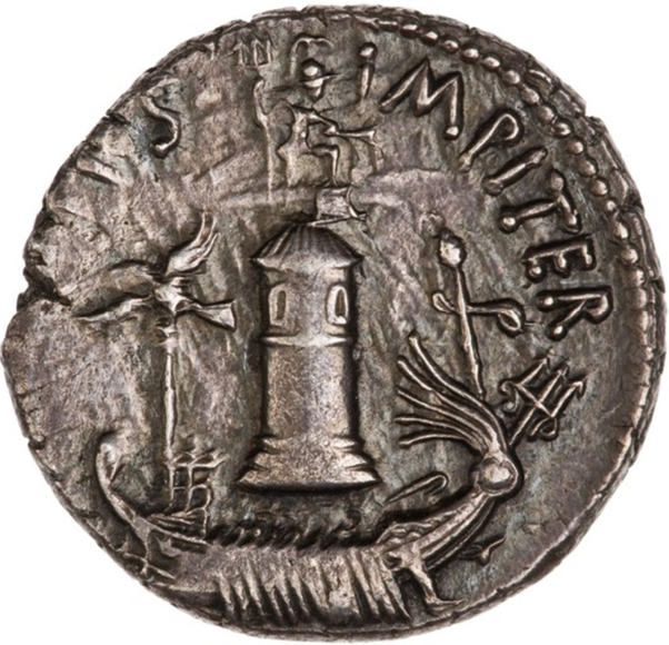 This is a bloody gorgeous coin and one that is packed with socio-historical messaging for the late Republic, and the final design minted by Sextus Pompey on Sicily. The Obverse features the Legend MAG(nus)·PIVS·IMP(erator)·ITER(um) – ‘Pompey the Great and Pious, Commander Again’.