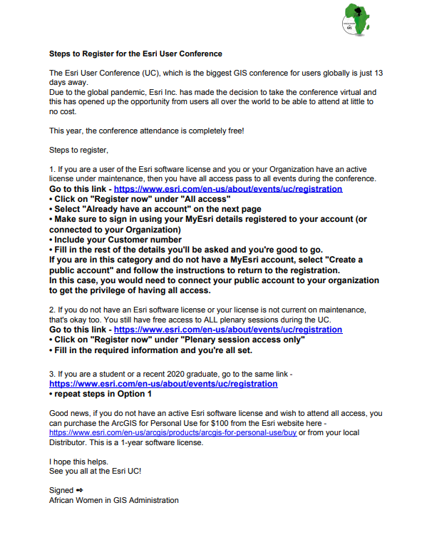 africwomeningis's tweet image. The world's largest virtual #GIS event, #ESRIUserConference commences on 13.07.2020. To attend the #virtual #technical workshops, learn new tech and enjoy the planery sessions, kindly follow the steps in the document to register.