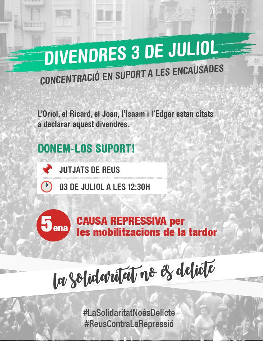 Sepc_Reus's tweet photo. 'La solidaritat no és delicte"
Aquest divendres estan citats 5 companyes a causa de les protestes de la tardor en les quals es reclamava justícia per les condemnes injustes dels presos polítics https://t.co/o4Ue11hhrY