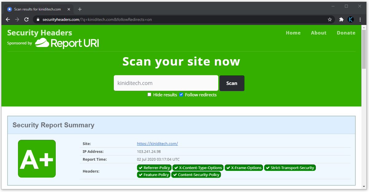 vickzkater's tweet image. Coba deh cek apakah website kamu atau website kantor/tempat kerja kamu itu sudah aman? 
Skalanya &quot;A+&quot; itu sangat aman dan &quot;F&quot; atau &quot;R&quot; itu sangat buruk. 
Ceknya di sini securityheaders.com 
#1001coding #kiniditech #vickzkater