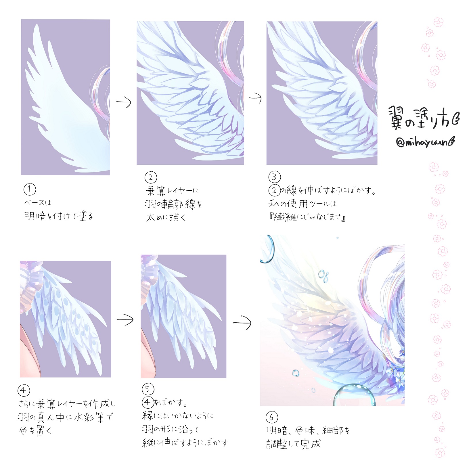 みはゆーの Miha 翼の描き方講座みたいな 線画なしでばーっと影描いて羽が重なる方向にだけ伸ばすようにぼかせばそれっぽく見えて楽だと思います 私は人魚のウロコなんかもこう塗ってます T Co Zy1cyojqfx Twitter