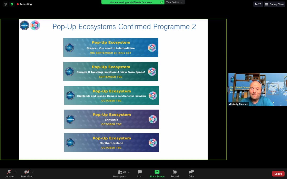 ECHAlliance's tweet photo. Our #PopUpEcosystem on "Canada &amp; Europe tackle #COVID19 and Isolation" has started!

The audience just heard the latest updates on 
@ECHAlliance “The #GlobalConnector for Digital Health" and our future programme of events from @andybleaden https://t.co/5tN4CZmlwD