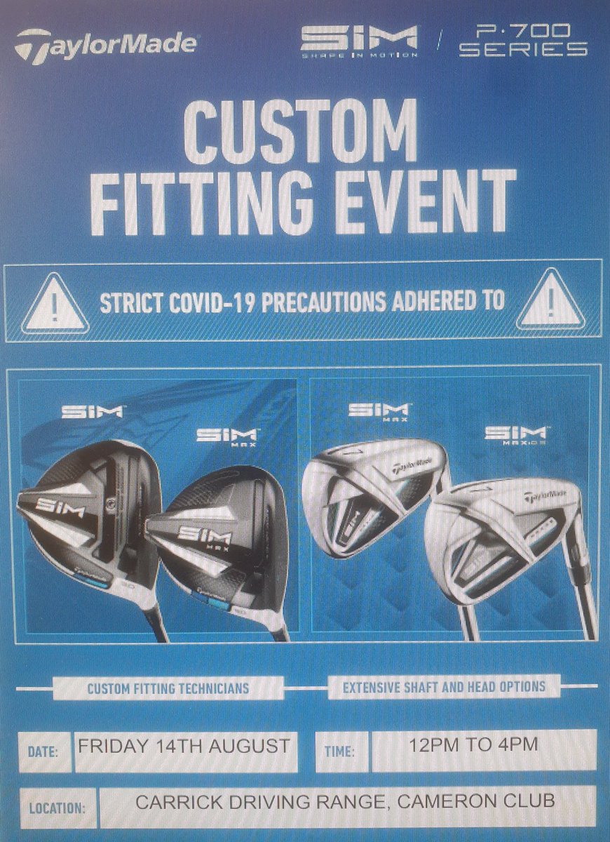 **TAYLORMADE SIM CUSTOM FITTING EVENT** Friday 14th August @thecarrickgolf Driving Range 12pm to 4pm. To book an appointment please do not hesitate to contact 01389 727679 or email egrimes@cameronhouse.co.uk ⛳️🏌🏼‍♂️ @Johnnylana89 @KScottPGA @TaylorMadeTour @RobbieKingGolf