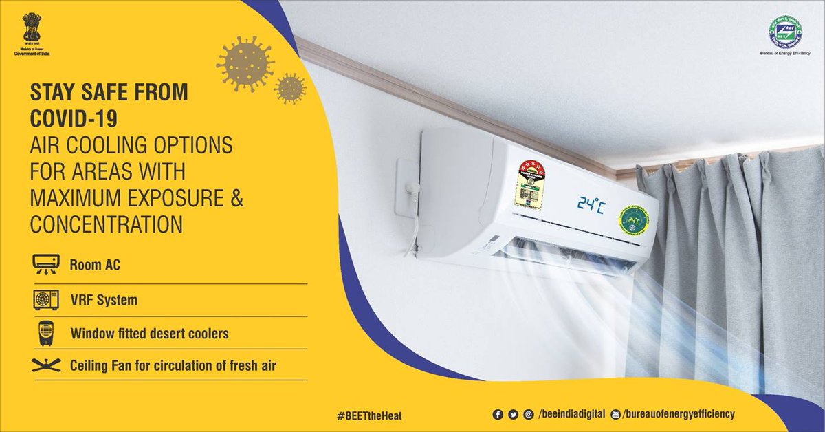 Air cooling options recommended for areas with maximum #COVID19 exposure and concentration which includes shopping malls, institutions etc are mentioned below. Follow the guidelines, #StaySafe and #BEETtheHeat. #SaveEnergy #EnergyEfficiency #BEEnergyEfficient #ACat24 #StayHome