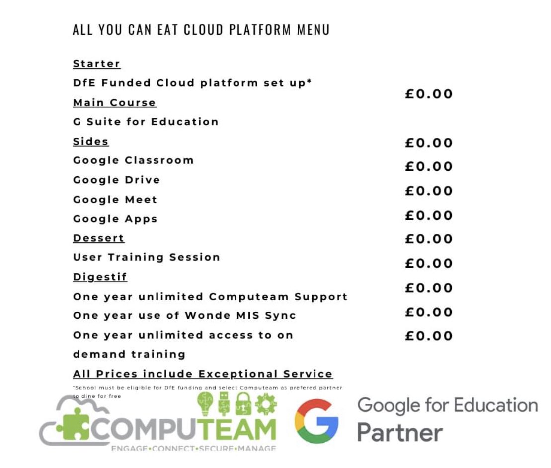 computeam's tweet photo. Schools are open.
Applications for DfE funded cloud platforms are open.
Restaurants are opening up.
Welcome to the all you can eat cloud menu
Apply &amp; select Computeam as your preferred partner with @GoogleForEdu to be sure to get the best seats in the house. #GoogleClassroom https://t.co/9JzGsZ89FX