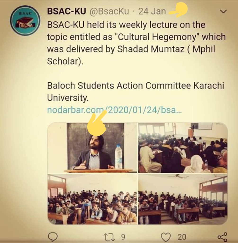 After graduating from QAU, Shahdad got admitted to NIPS as an Mphil scholar at QAU.He’s seen ‘lecturing’ at Baloch Students Action Committee event on “Cultural Hegemony” at KU.After ban on BSO-Azad for terror recruitment, BSAC is now being organized to take it’s place./162