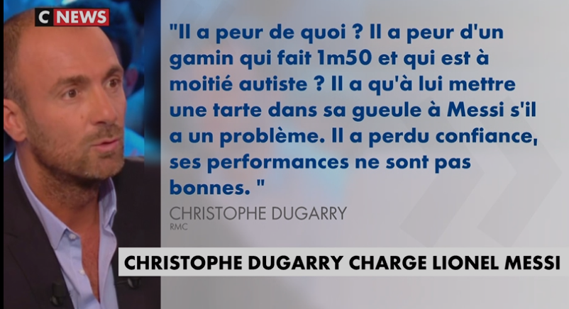 LyonelMT's tweet photo. #Dugarry #DugarryOut 
Non mais, le joueur le plus nul de la team 98 ose, mais alors ose insulter le plus grd joueur de l'histoire. Non mais, les bras m'en tombent.  Que le #Messi pardonne cet insensé. https://t.co/DPz2snTbHA