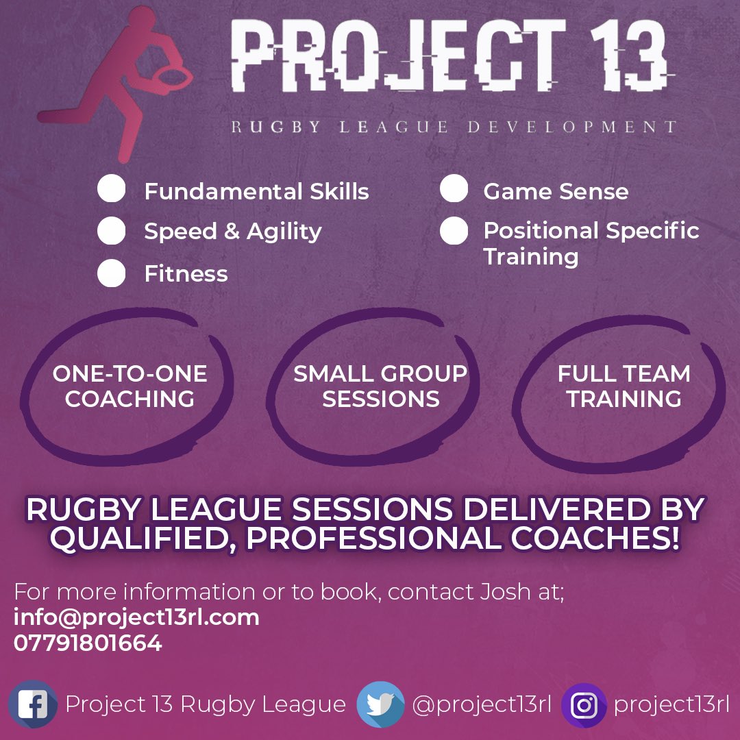project13rl's tweet photo. Project 13 provide a unique opportunity to be coached by professionals. We offer 1 to 1 private coaching, small group sessions &amp; full team training #RugbyLeague https://t.co/wa34itaoTR