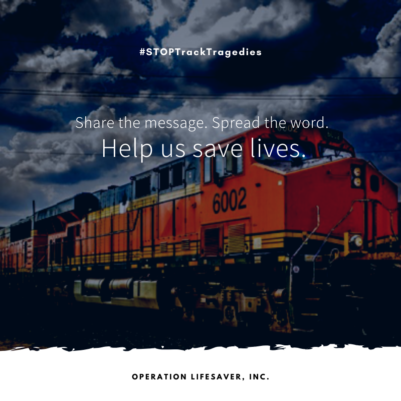 No matter who you are, where you live, and what you do, you can help us spread the message of rail safety. #SeeTracksThinkTrain
•
Share the message. Spread the word. Save lives.