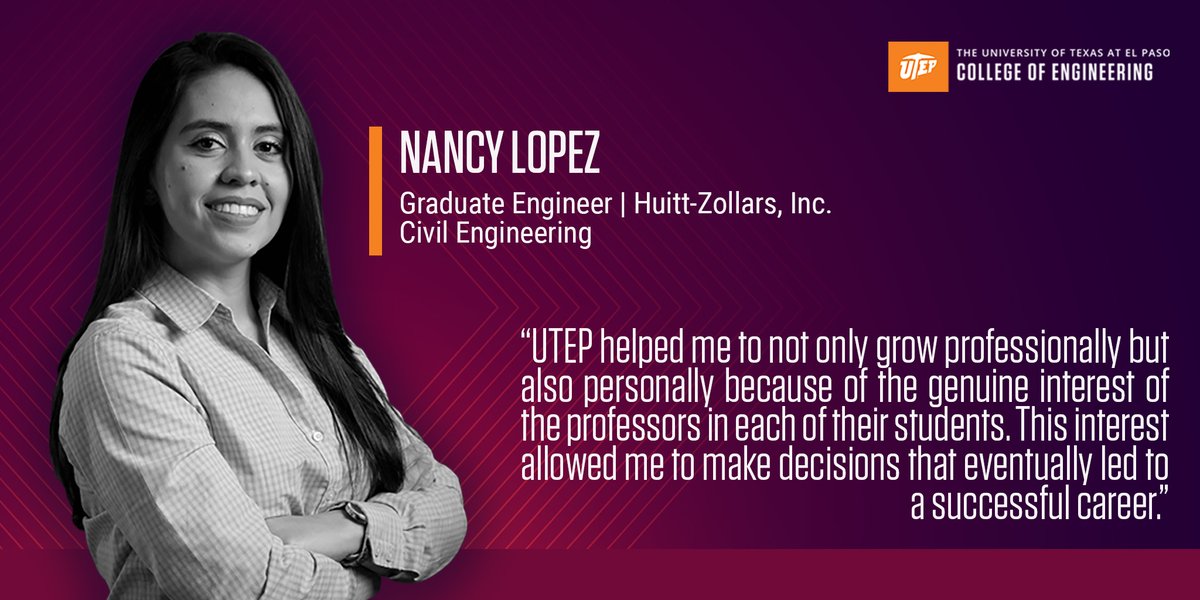 EngineeringUTEP's tweet image. “UTEP helped me to not only grow professionally but also personally because of the genuine interest of the professors in each of their students.”

Nancy Lopez
Civil Engineering

#PickEngineering #UTEPEngineering #UTEP