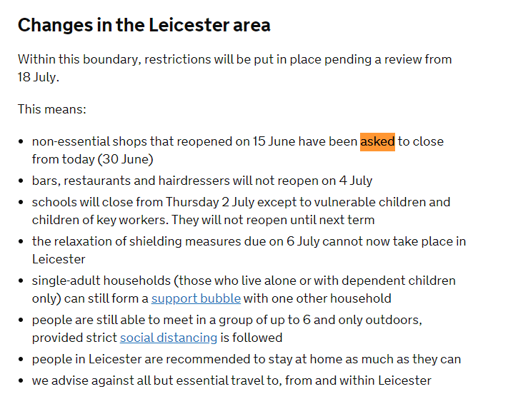 Second, non-essential retailers are closed. But again, guidance is carefully framed: they've been "asked" to close. There's no legislation closing them so, I think, if a stubborn/reckless bookseller (say) wanted to open,  @leicspolice would be hard pressed to do anything about it.