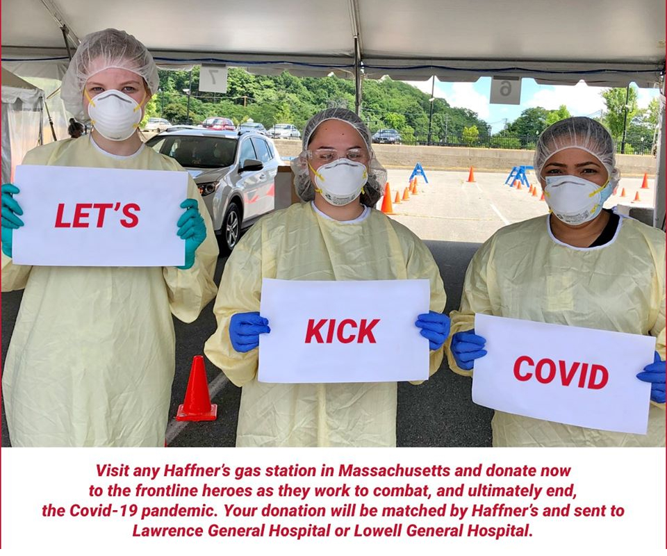 MerrimackHealth's tweet photo. For the month of July, @haffnersenergy is collecting donations for Lawrence General at their gas station pumps (and the Mobil at 1700 Shawsheen Street, Tewksbury). Graciously, Haffner's is matching each donation. Help Haffner's support our frontline heroes! #ItKicks #KickCOVID https://t.co/z4M6dV2qeV