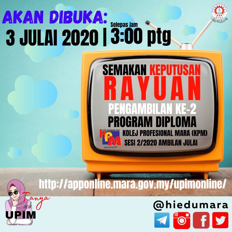 Konvokesyen Kpm 2021 Norma Baharu On Twitter Akan Datang Semakan Keputusan Rayuan Pengambilan Ke 2 Kemasukan Ke Program Diploma Kolej Profesional Mara Kpm Sesi 2 2020 Ambilan Julai 1 Semakan Keputusan
