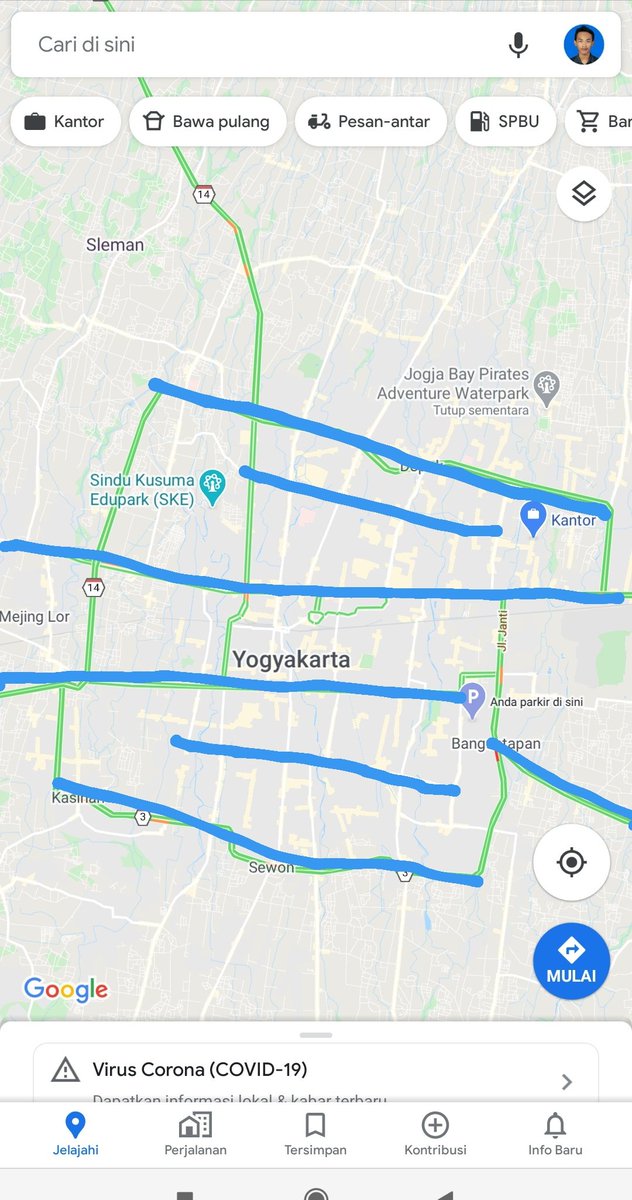 Jalan yg arahnya barat-timur- Ringroad utara- Jl Selokan mataram- Jl Colombo- Jl Jogja-Solo sampai tembus Jl. Godean- Jl Kusumanegara sampai tembus Jl. Wates- Jl. Wonosari- Jl MT Haryono (Jokteng kulon) sampai tembus Jl Perintis kemerdekaan (XT Square) -Ringroad selatan