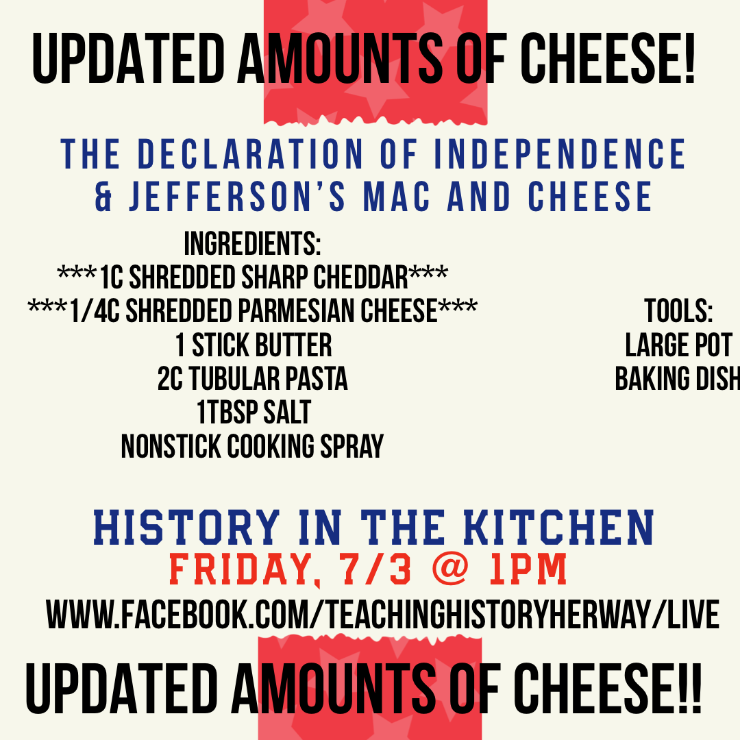 historyherway's tweet photo. Announcement! I had to update the amount of cheese for tomorrow’s History in the Kitchen! You will need 1c shredded cheddar and 1/4c shredded parmesian. My apologies for the error! #bakingcooking
#ushistoryteacher #sschat #teachersofinstagram #edchat #independenceday https://t.co/V42GFUwkkI