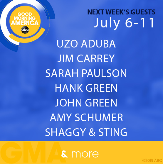 New Release: <a href="/UzoAduba/">Uzo Aduba</a>, @JimCarrey, <a href="/MsSarahPaulson/">Sarah Paulson</a>, <a href="/hankgreen/">Hank Green</a>, <a href="/johngreen/">🐢🐢🐢John Green🐢🐢🐢</a>, <a href="/amyschumer/">Amy Schumer</a>, <a href="/DiRealShaggy/">Mr Boombastic</a> and <a href="/OfficialSting/">Sting</a> on ABC News' <a href="/GMA/">Good Morning America</a>, July 6 –11 wdtvpress.com/abc/pressrelea…