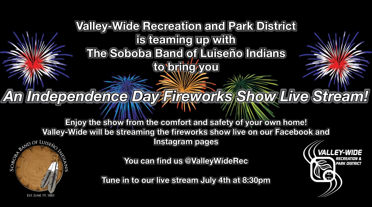 Join us for our fireworks show live stream on Saturday, July 4! This is an online only event of a live, professional show! We will not be hosting an Independence Day celebration at Regional Park this year.

#IAmValleyWide #4thofJuly #IndependeceDay #ThursdayThoughts