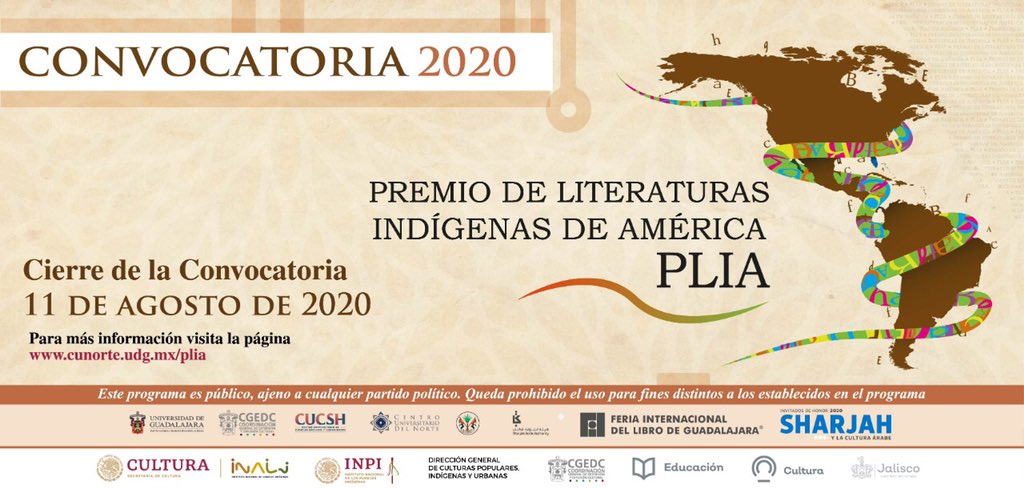 #Atención| 📣

Si tienes una obra inédita en el género de poesía, escrito originalmente en lengua indígena de autor, participa en la convocatoria del Premio de Literaturas Indígenas, PLIA 2020.

Hasta el 11 de agosto 📆

Consulta más información en 
👉🏽 cunorte.udg.mx/plia
