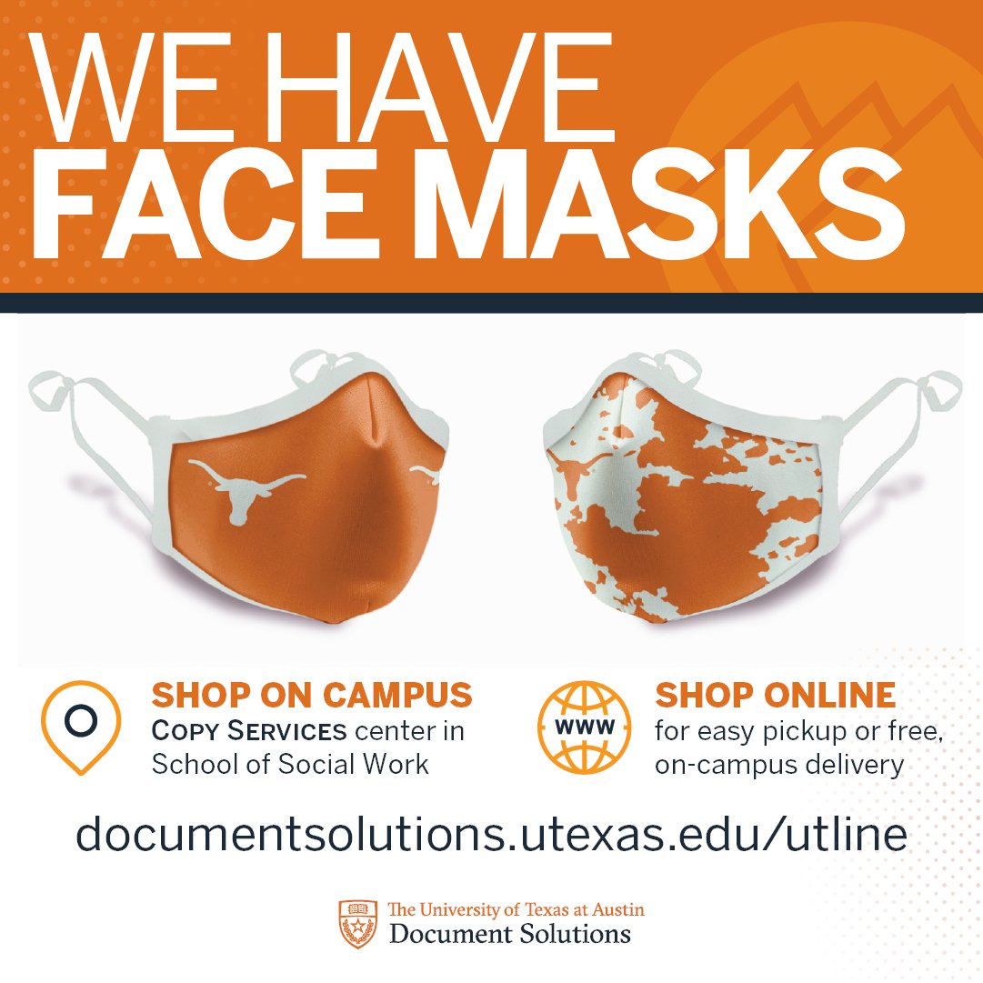 UTDocSol's tweet photo. We've got you covered! UT Line face masks are now available. Pick one up at our copy center in SSW or shop online! #UTAustin #UTLine #FaceMask
https://t.co/4intageKiJ https://t.co/1S2IyI66TK