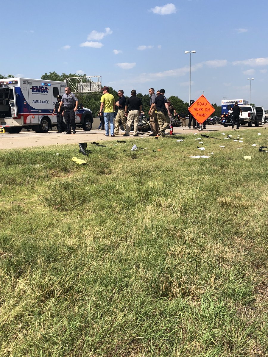 OHPDPS's tweet photo. Three of our motors troopers were seriously injured just before 11:00 this morning in a crash while escorting fallen Tulsa Police Officer, Sgt. Craig Johnson. We are still investigating exactly what happened. The Kilpatrick Tpk Wbound between Broadway and Eastern is shut down. https://t.co/geuoaKIYAW