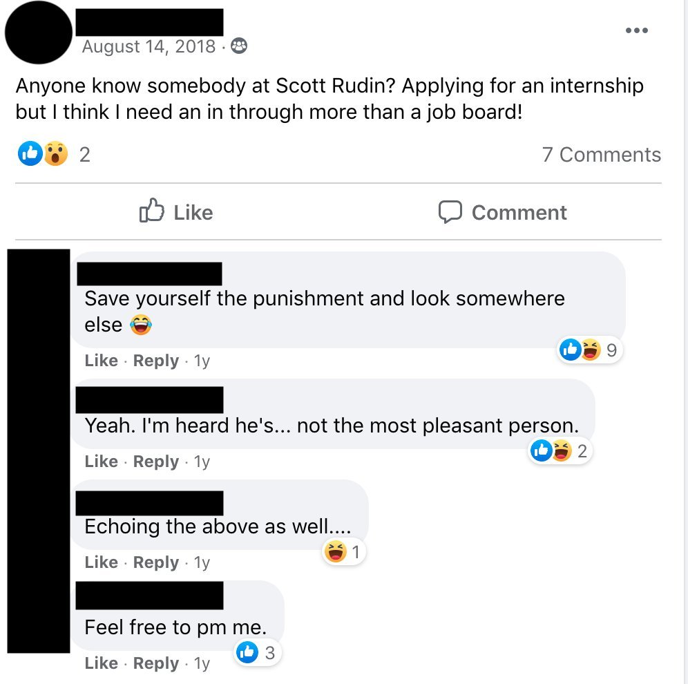 Responses to Scott Rudin job postings. One in which the company name is kept from the FB group because his reputation is enough to keep people away.